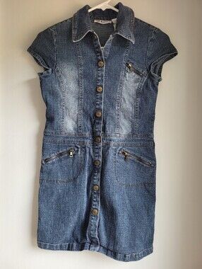 Selfesteem Girls Denim Button-Front Short Sleeve Dress in Washed Blue Size 10-12